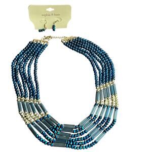 New Sophia & Kate Blue Gem color Gold Tone Necklace and Earrings statement